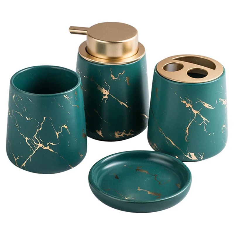 Set di accessori da bagno in ceramica per casa e hotel: dispenser per lozione + portaspazzolino + bicchiere per risciacquo + portasapone - Verde