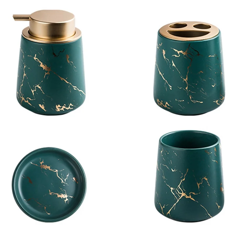Set di accessori da bagno in ceramica per casa e hotel: dispenser per lozione + portaspazzolino + bicchiere per risciacquo + portasapone - Verde