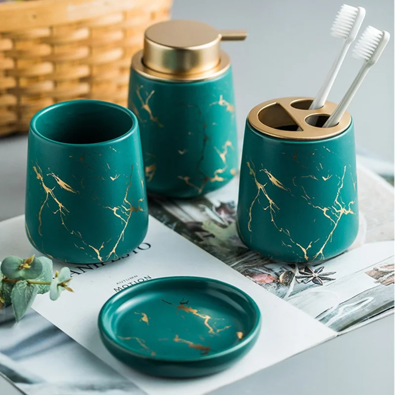 Set di accessori da bagno in ceramica per casa e hotel: dispenser per lozione + portaspazzolino + bicchiere per risciacquo + portasapone - Verde