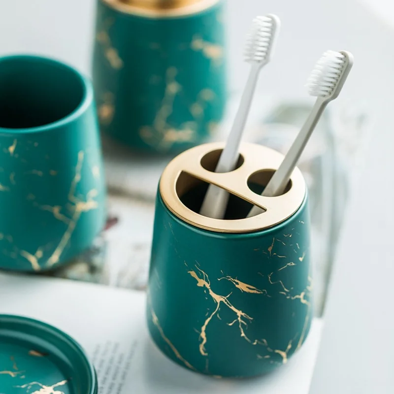Set di accessori da bagno in ceramica per casa e hotel: dispenser per lozione + portaspazzolino + bicchiere per risciacquo + portasapone - Verde