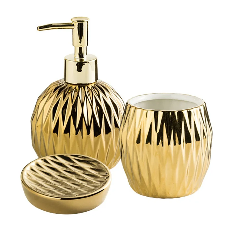 Luxuriöses Keramik Badezimmer Accessoire Set Lotionsspender + Spülbecher + Seifenschale - Gold