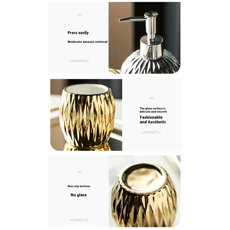 Luxuriöses Keramik Badezimmer Accessoire Set Lotionsspender + Spülbecher + Seifenschale - Gold