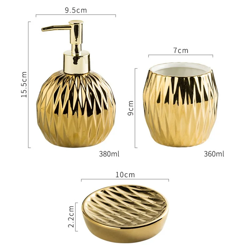 Luxuriöses Keramik Badezimmer Accessoire Set Lotionsspender + Spülbecher + Seifenschale - Gold