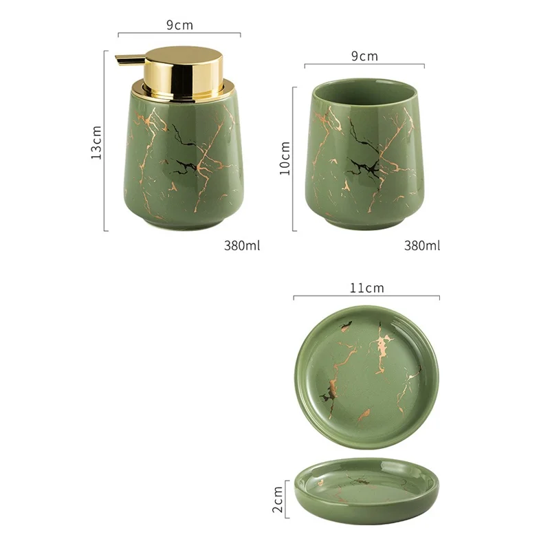 Conjunto de Acessórios de Banheiro em Cerâmica de Luxo - Copo para Enxaguante Bucal + Saboneteira + Dispenser de Sabonete Líquido - Verde