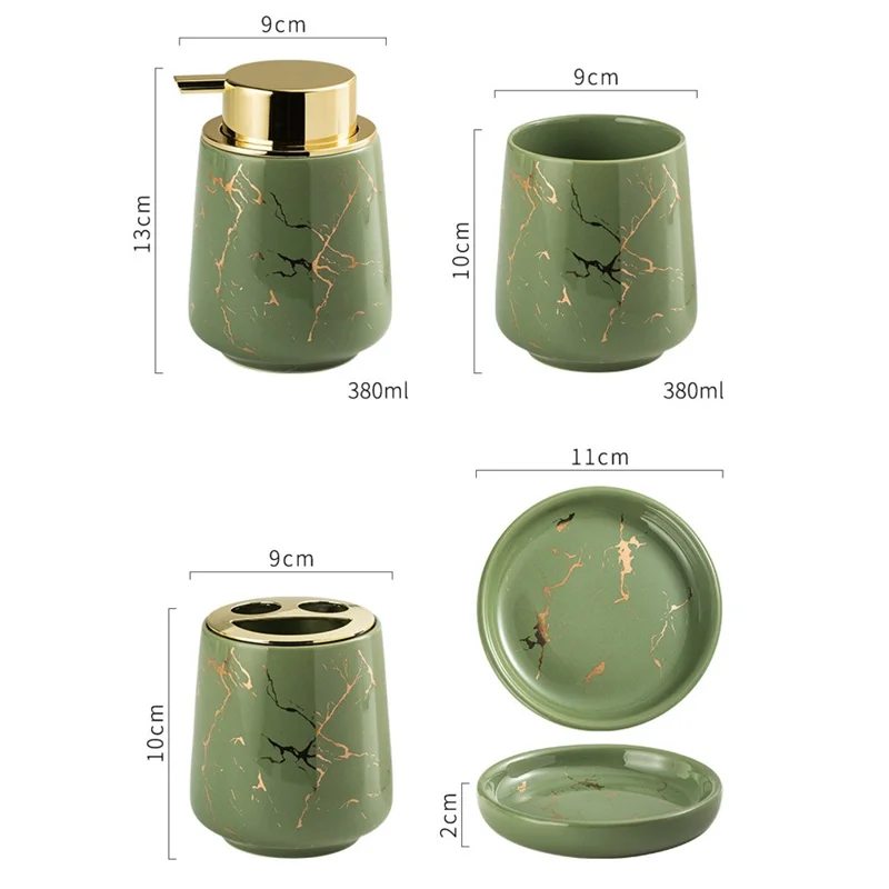 Set di accessori da bagno in ceramica per hotel e casa: Porta spazzolino, Bicchiere, Portasapone, Dispenser per sapone liquido - Verde