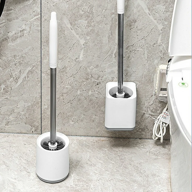 Set di Spazzola per WC in Acciaio Inox con Manico Lungo e Base di Supporto - Base Rotonda da Montare a Parete per la Pulizia del Bagno