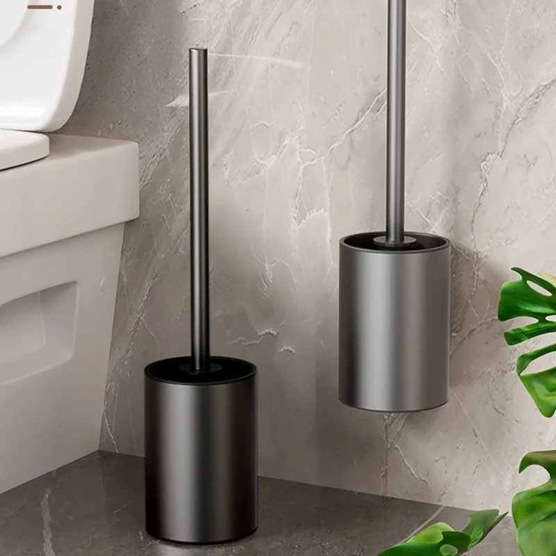 Raum-Aluminium Langgriff-Toilettenbürste + Aufbewahrungsständer Ohne Bohren Wandmontierte Badezimmerreinigungswerkzeug - Grau