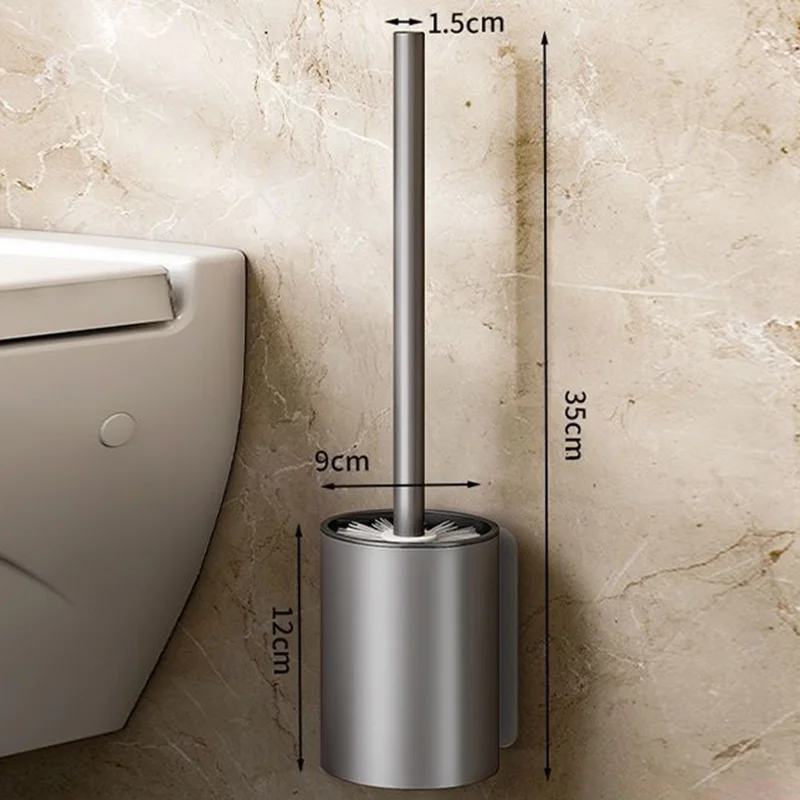 Raum-Aluminium Langgriff-Toilettenbürste + Aufbewahrungsständer Ohne Bohren Wandmontierte Badezimmerreinigungswerkzeug - Grau