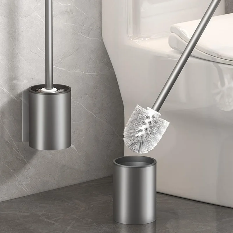 Raum-Aluminium Langgriff-Toilettenbürste + Aufbewahrungsständer Ohne Bohren Wandmontierte Badezimmerreinigungswerkzeug - Grau