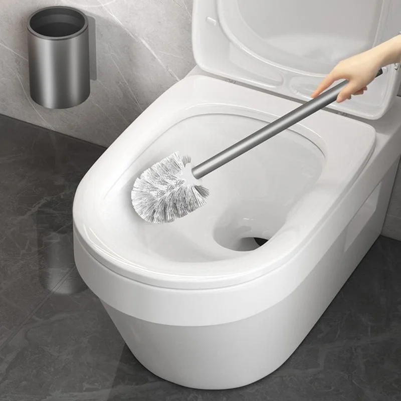 Raum-Aluminium Langgriff-Toilettenbürste + Aufbewahrungsständer Ohne Bohren Wandmontierte Badezimmerreinigungswerkzeug - Grau