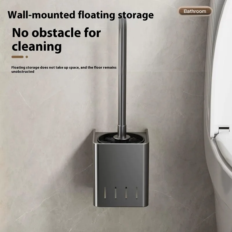 Spazzola per WC con manico lungo e base montata a parete per la pulizia del bagno di casa - Grigio