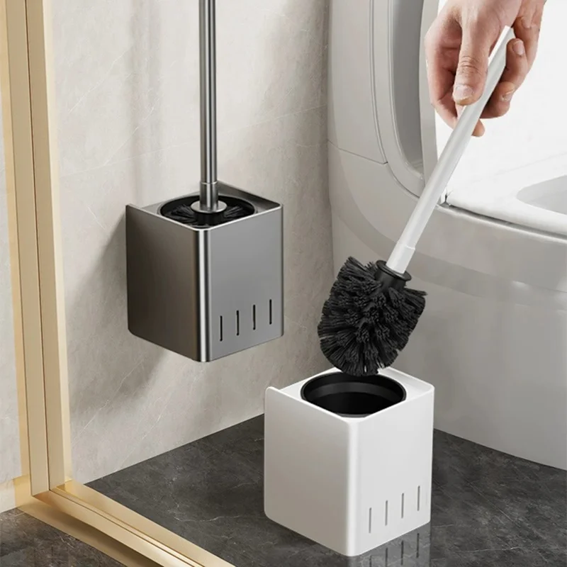 Spazzola per WC con manico lungo e base montata a parete per la pulizia del bagno di casa - Grigio