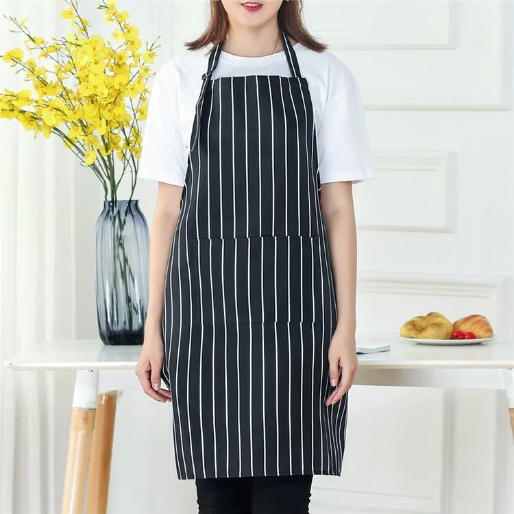 Stylish Home Kitchen Men Women Polyester Apron Cafe Restaurant Apron Work Clothes with Pockets - Black / White Stripe