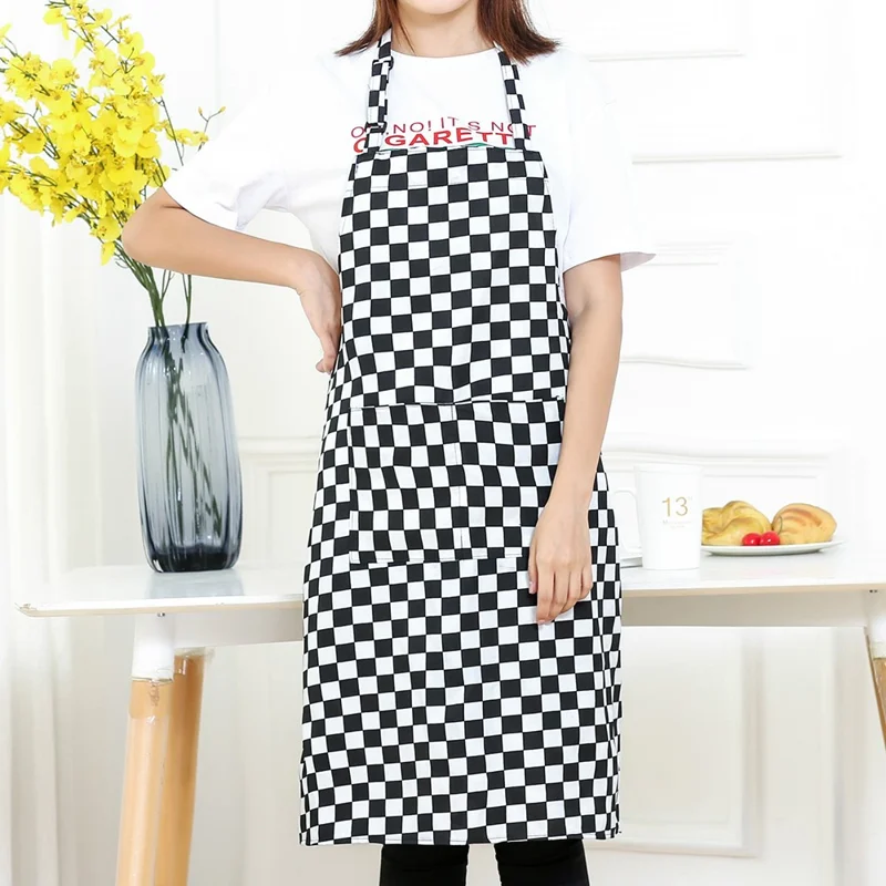 Stylish Home Kitchen Men Women Polyester Apron Cafe Restaurant Apron Work Clothes with Pockets - Grid