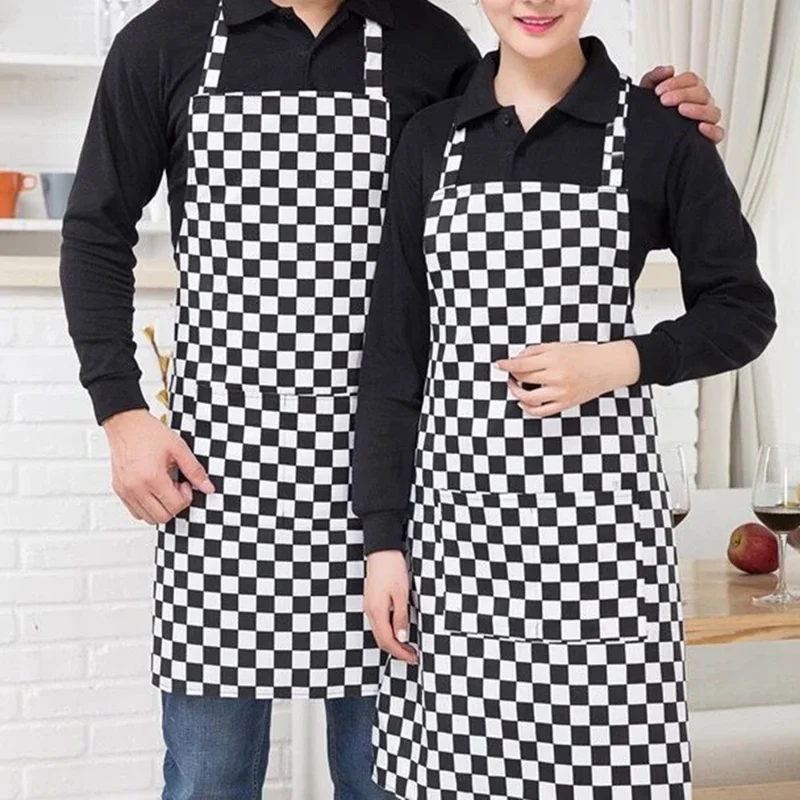 Stylish Home Kitchen Men Women Polyester Apron Cafe Restaurant Apron Work Clothes with Pockets - Grid