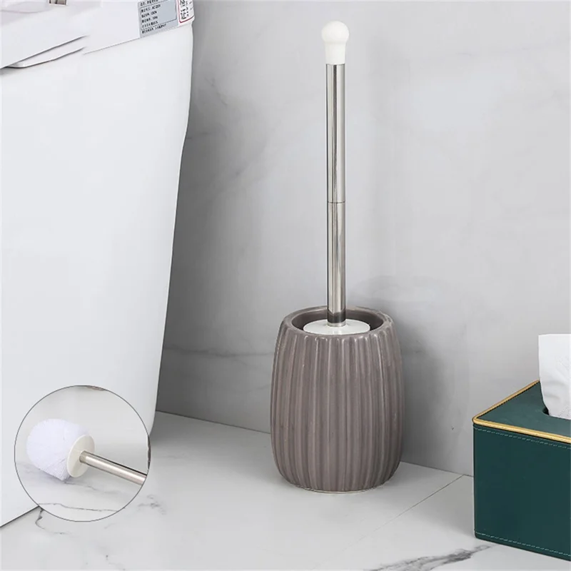 Ceramic Base Toilet Brush Stainless Steel Long Handle Bathroom Cleaner No Dead Angle - Oval Base / Coffee