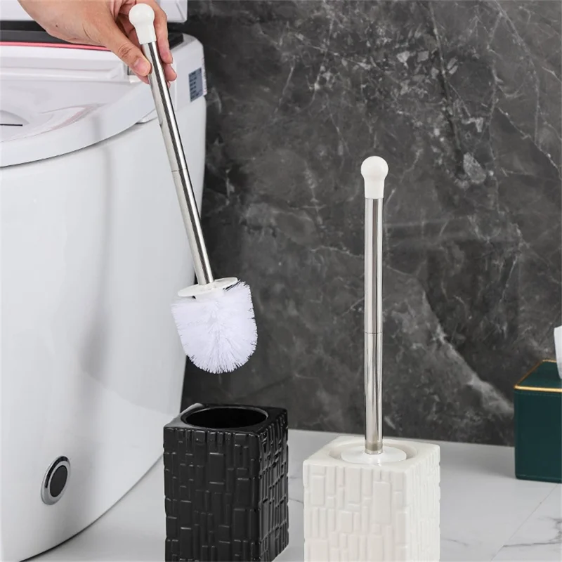 Ceramic Base Toilet Brush Stainless Steel Long Handle Bathroom Cleaner No Dead Angle - Oval Base / Coffee