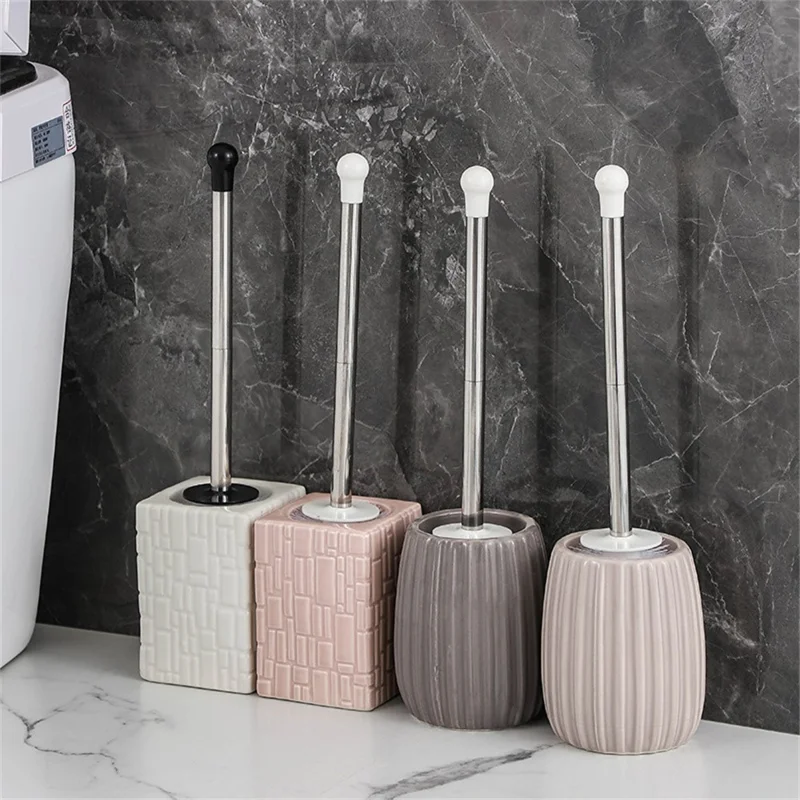 Ceramic Base Toilet Brush Stainless Steel Long Handle Bathroom Cleaner No Dead Angle - Oval Base / Coffee