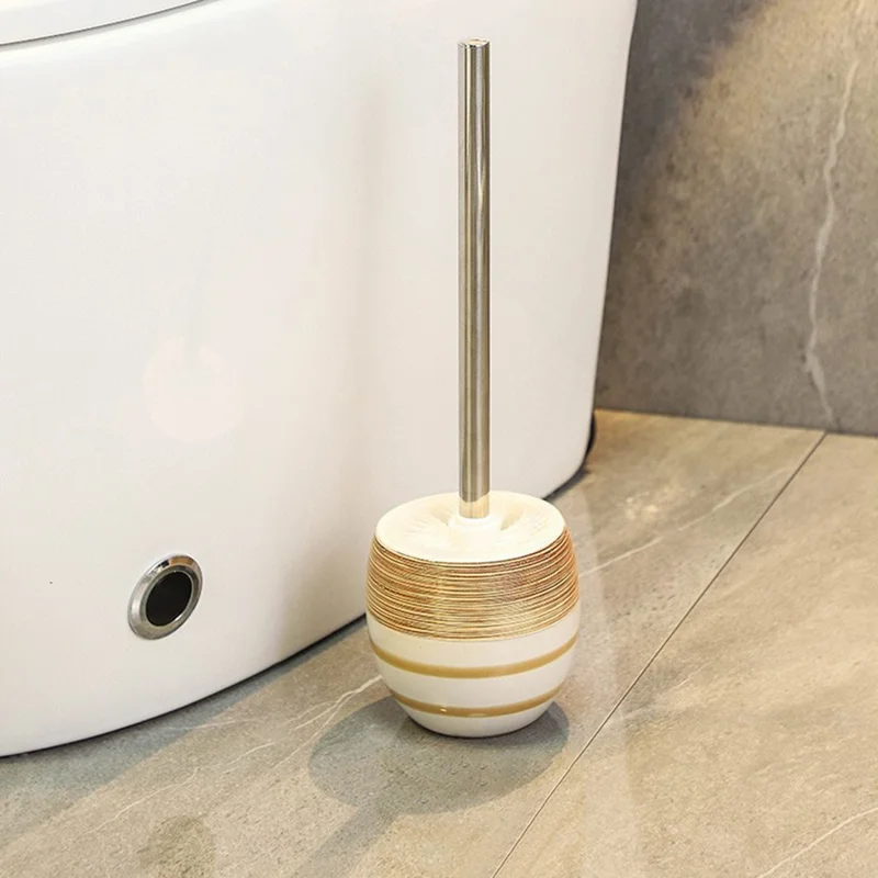 Ceramic Base Toilet Brush and Holder Set Stainless Steel Long Handle Rotating Head No Dead Angle Cleaning - Style A