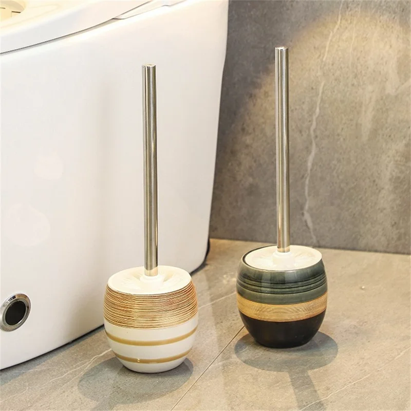 Ceramic Base Toilet Brush and Holder Set Stainless Steel Long Handle Rotating Head No Dead Angle Cleaning - Style A