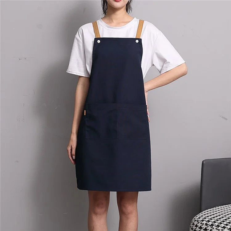 Large Pocket Design Cotton Linen Canvas Apron 72x68cm Washable Cooking Work Apron for Restaurant, Coffee Shop, Home Kitchen - Blue