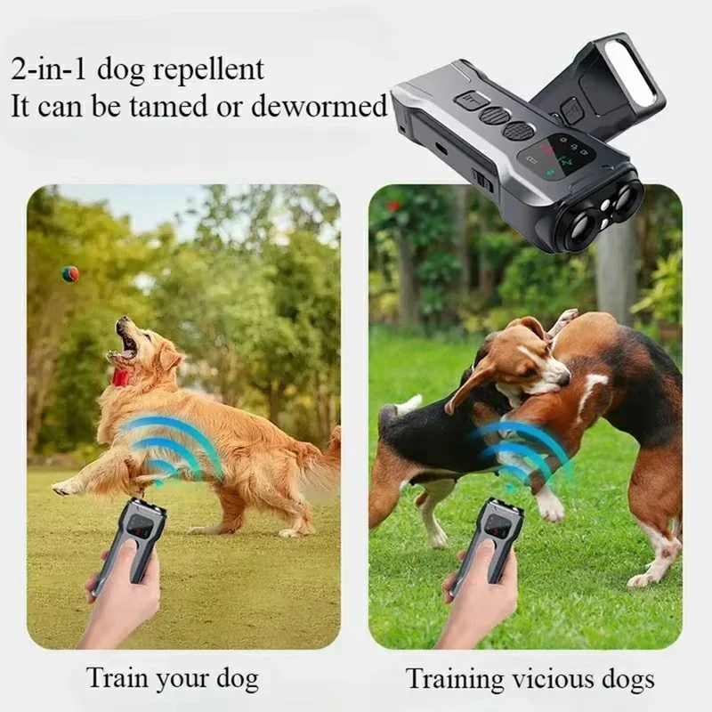 Dispositif de dressage ultrasonique anti-aboiement pour chiens P9 à double tête, répulsif pour animaux de compagnie avec lampe de poche LED intégrée à haute puissance