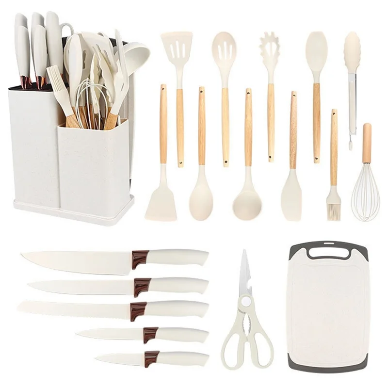 Conjunto de 19 Peças de Utensílios de Cozinha em Silicone com Faca de Aço Inoxidável, Colher de Silicone, Espátula e Balde de Armazenamento (Livre de BPA, Sem FDA) - Branco