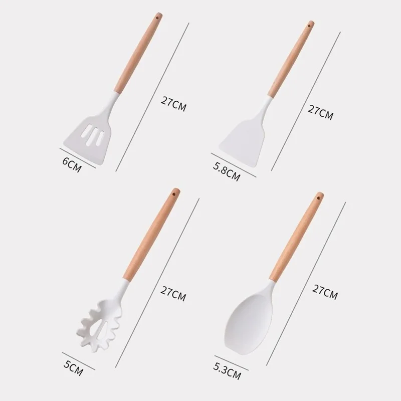 Conjunto de 19 Peças de Utensílios de Cozinha em Silicone com Faca de Aço Inoxidável, Colher de Silicone, Espátula e Balde de Armazenamento (Livre de BPA, Sem FDA) - Branco