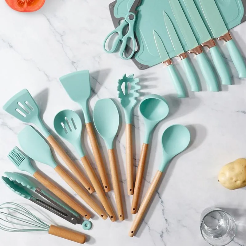 Conjunto de 19 Peças de Utensílios de Cozinha em Silicone com Faca de Aço Inoxidável, Colher de Silicone, Espátula e Balde de Armazenamento (Livre de BPA, Sem FDA) - Branco