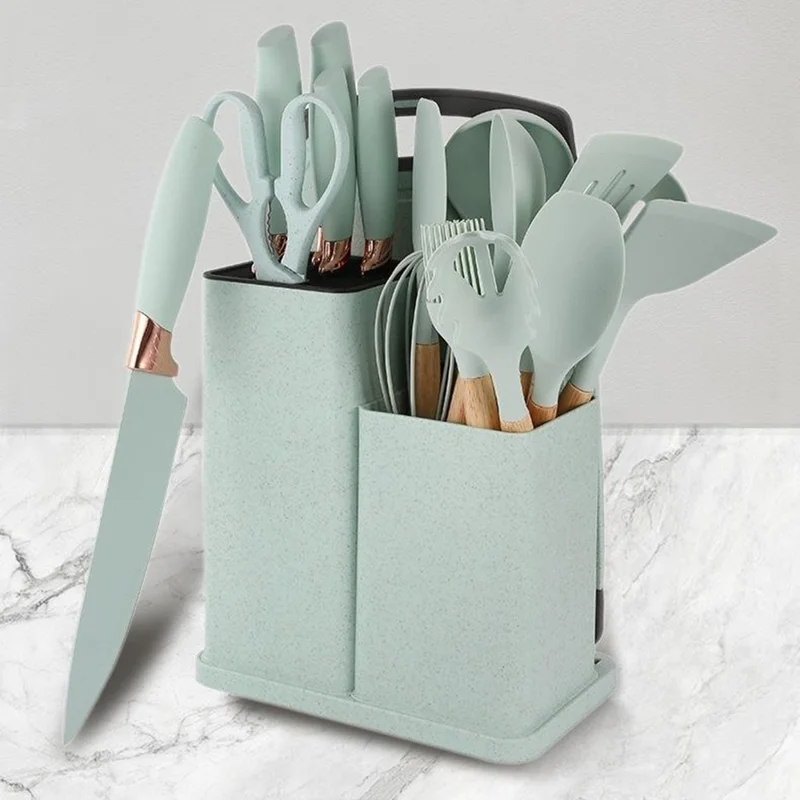 Conjunto de 19 Peças de Utensílios de Cozinha em Silicone com Faca de Aço Inoxidável, Colher de Silicone, Espátula e Balde de Armazenamento (Livre de BPA, Sem FDA) - Branco