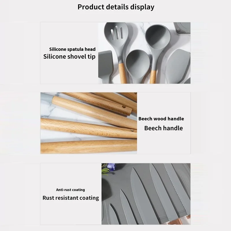 Conjunto de 19 Peças de Utensílios de Cozinha em Silicone com Faca de Aço Inoxidável, Colher de Silicone, Espátula e Balde de Armazenamento (Livre de BPA, Sem FDA) - Branco