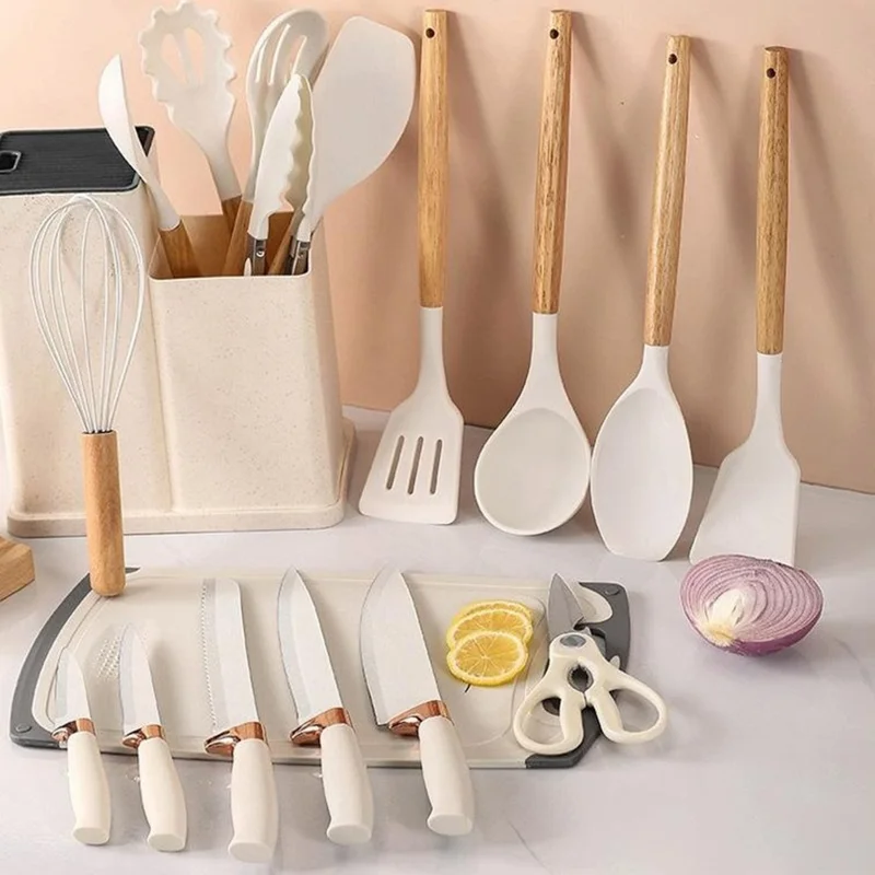 Conjunto de 19 Peças de Utensílios de Cozinha em Silicone com Faca de Aço Inoxidável, Colher de Silicone, Espátula e Balde de Armazenamento (Livre de BPA, Sem FDA) - Branco