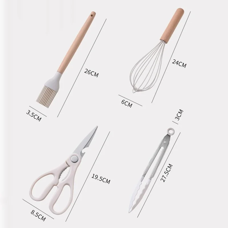 Conjunto de 19 Peças de Utensílios de Cozinha em Silicone com Faca de Aço Inoxidável, Colher de Silicone, Espátula e Balde de Armazenamento (Livre de BPA, Sem FDA) - Branco