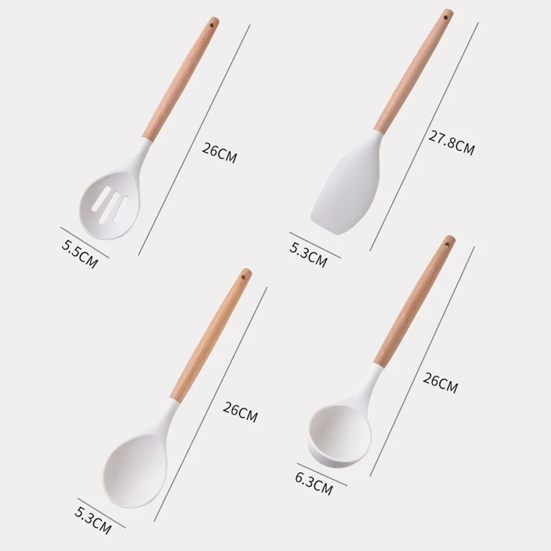 Conjunto de 19 Peças de Utensílios de Cozinha em Silicone com Faca de Aço Inoxidável, Colher de Silicone, Espátula e Balde de Armazenamento (Livre de BPA, Sem FDA) - Branco
