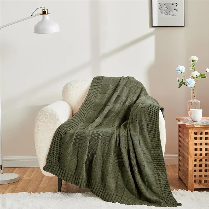 Couverture tricotée en imitation cachemire de 130 x 160 cm, lavable, couleur unie, texture quadrillée, pour canapé et sieste - Vert