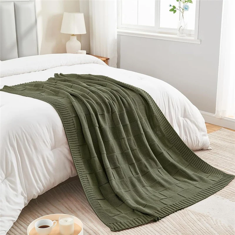 Couverture tricotée en imitation cachemire de 130 x 160 cm, lavable, couleur unie, texture quadrillée, pour canapé et sieste - Vert