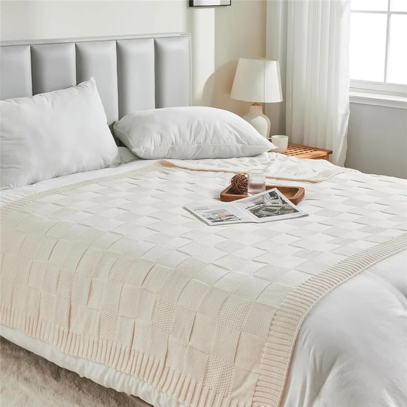 150 x 200cm Imitation Cashmere Knit Throw Blanket Washable Solid Color Grid Texture Sofa Nap Cover - White