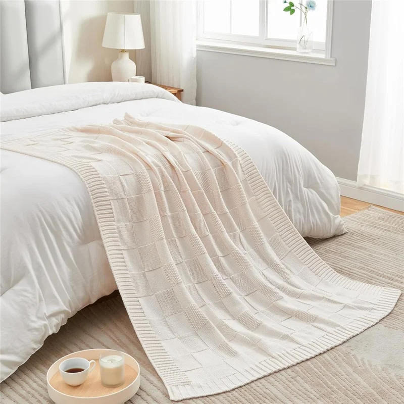 150 x 200cm Imitation Cashmere Knit Throw Blanket Washable Solid Color Grid Texture Sofa Nap Cover - White