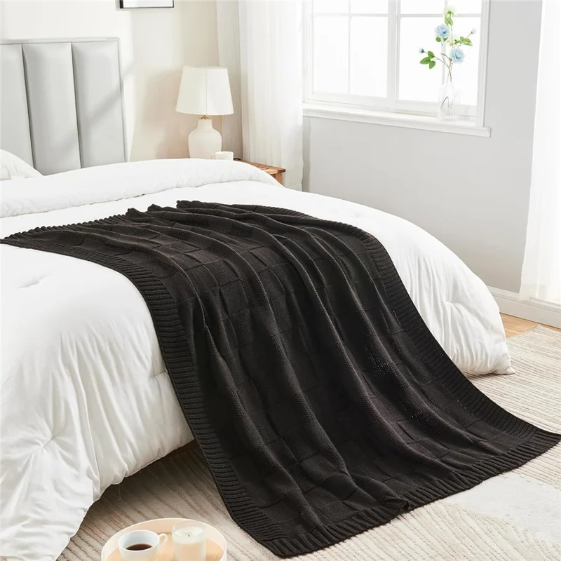 150 x 200cm Imitation Cashmere Knit Throw Blanket Washable Solid Color Grid Texture Sofa Nap Cover - White