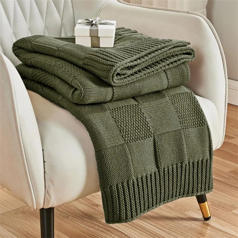 150 x 200cm Imitation Cashmere Knit Throw Blanket Washable Solid Color Grid Texture Sofa Nap Cover - Green