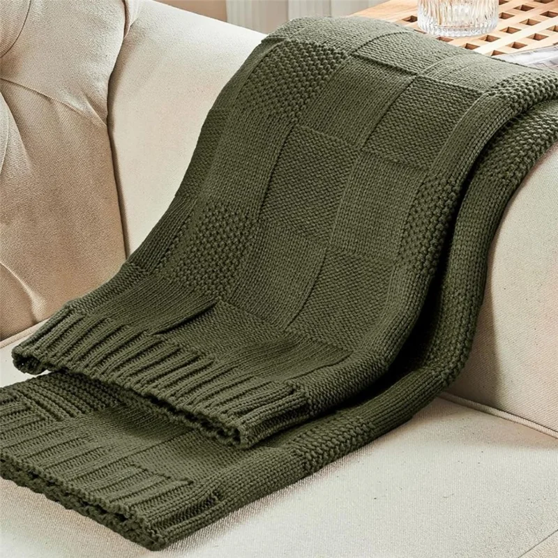150 x 200cm Imitation Cashmere Knit Throw Blanket Washable Solid Color Grid Texture Sofa Nap Cover - Green