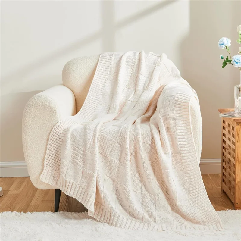 150 x 200cm Imitation Cashmere Knit Throw Blanket Washable Solid Color Grid Texture Sofa Nap Cover - Green