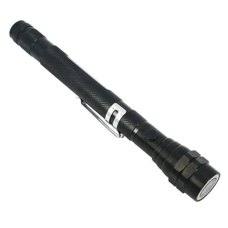 3-LED Extendable Aluminum Alloy Flashlight Magnetic Pickup Tool Flexible Gooseneck Pen Clip Light - Black