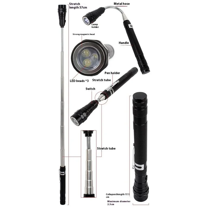 3-LED Extendable Aluminum Alloy Flashlight Magnetic Pickup Tool Flexible Gooseneck Pen Clip Light - Black