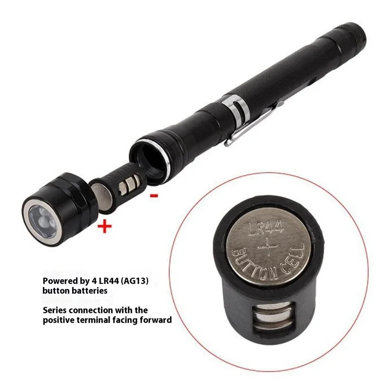 3-LED Extendable Aluminum Alloy Flashlight Magnetic Pickup Tool Flexible Gooseneck Pen Clip Light - Black