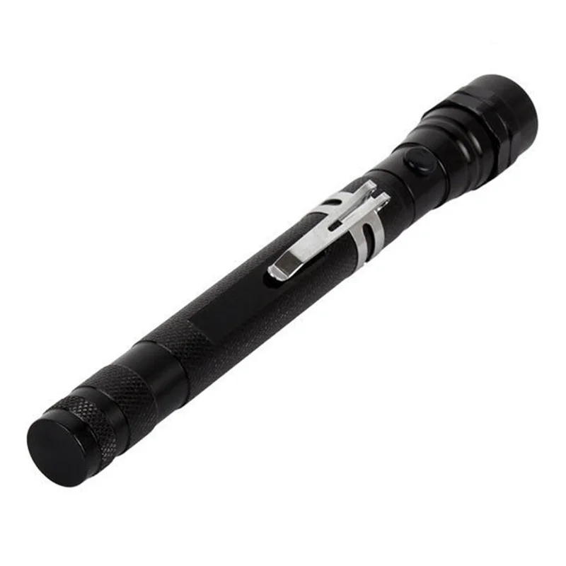 3-LED Extendable Aluminum Alloy Flashlight Magnetic Pickup Tool Flexible Gooseneck Pen Clip Light - Black