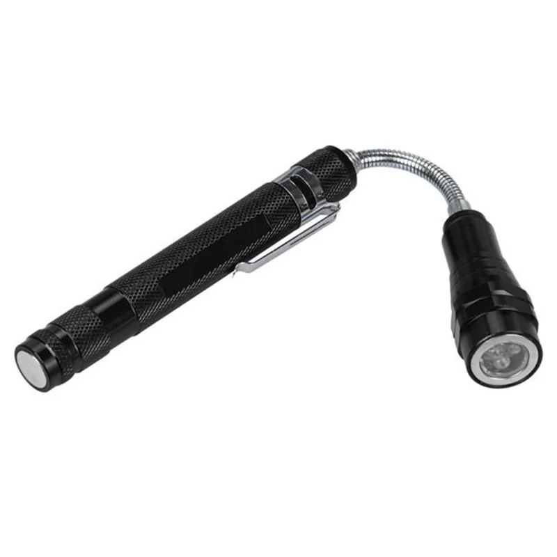 3-LED Extendable Aluminum Alloy Flashlight Magnetic Pickup Tool Flexible Gooseneck Pen Clip Light - Black