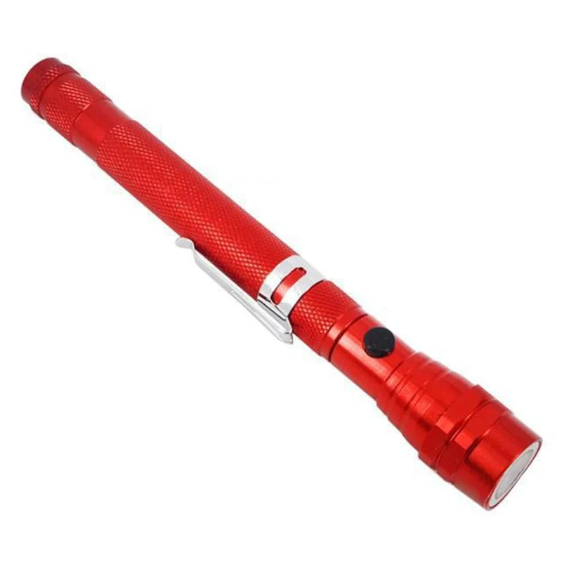 3-LED Extendable Aluminum Alloy Flashlight Magnetic Pickup Tool Flexible Gooseneck Pen Clip Light - Red