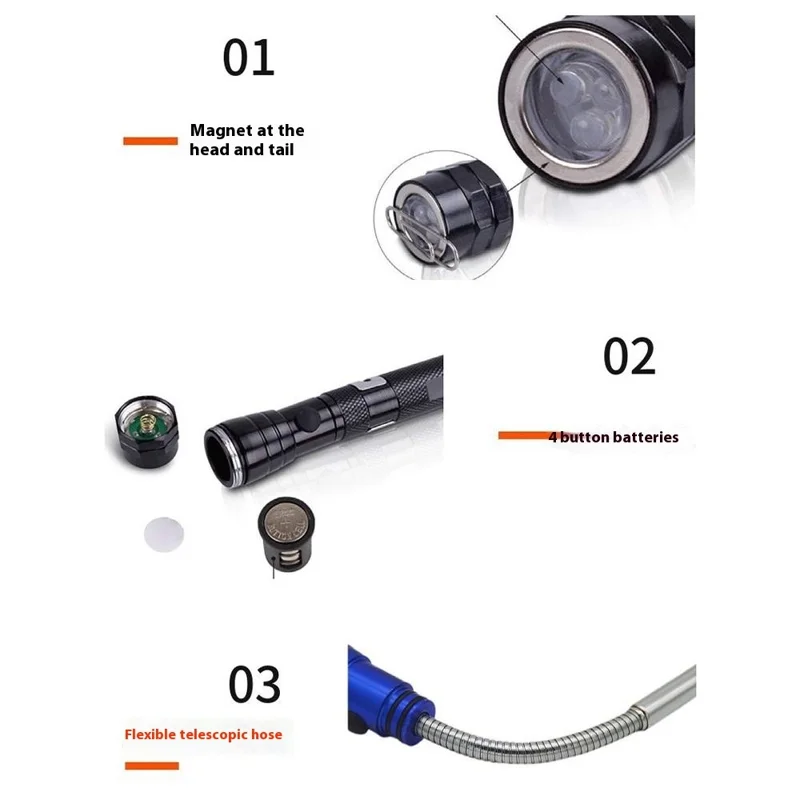 3-LED Extendable Aluminum Alloy Flashlight Magnetic Pickup Tool Flexible Gooseneck Pen Clip Light - Red