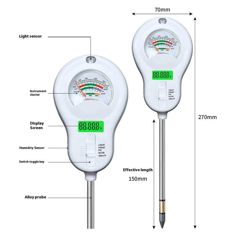 ST09 6 in 1 Soil Testing Meter Light Moisture PH Fertility Temperature Humidity Measurement Tool